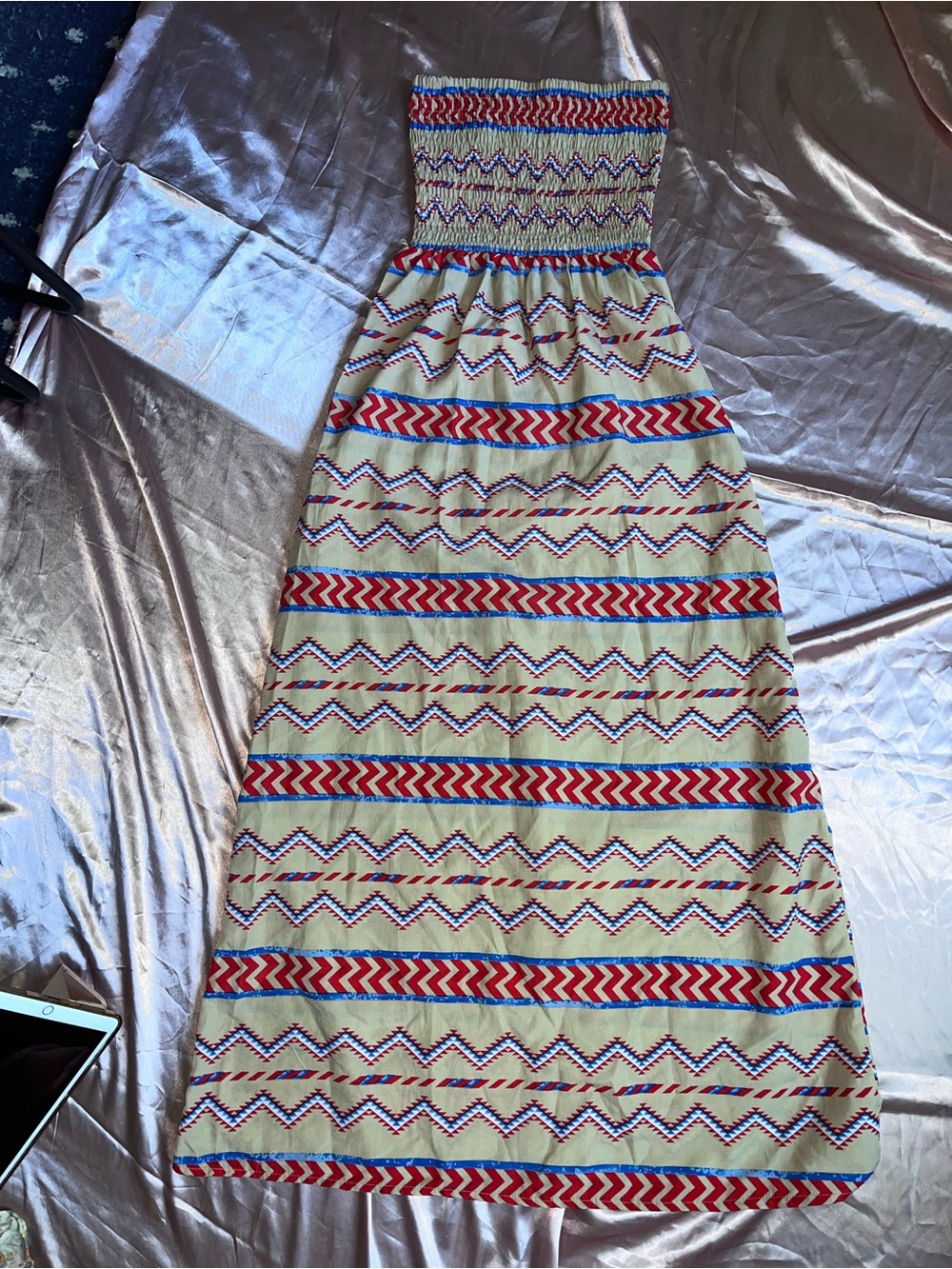 Sans Souci Strapless Smocked Dress in Cream with Red & Blue Pattern